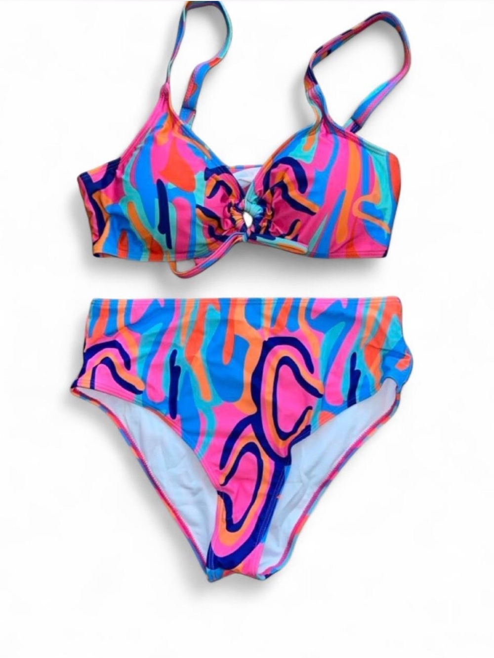 SHEIN Girls Multicolor Abstract Print Two-Piece Bikini - Pink, Blue & Orange